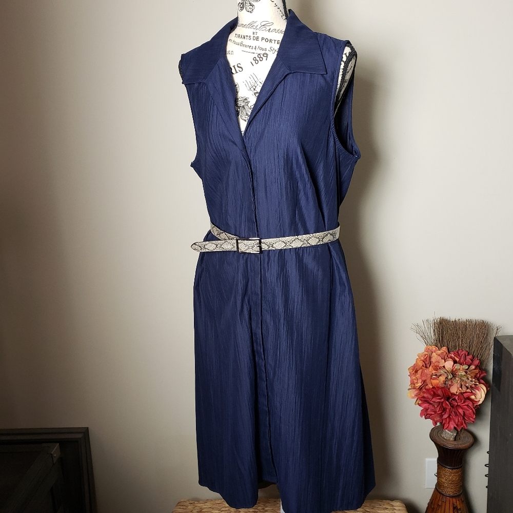 Donna Ricco Blue Collared Button Up Dress with Faux Snake Print Belt Size 14W